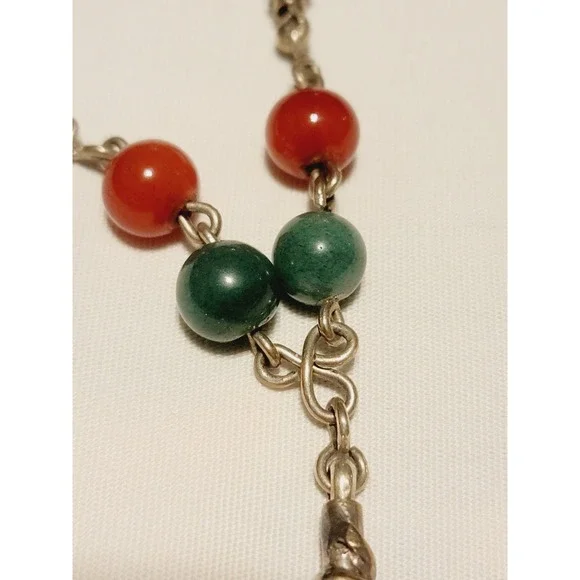 Vintage Sterling Silver Modernist Brutalist Beaded Stone Abstract Necklace 24in